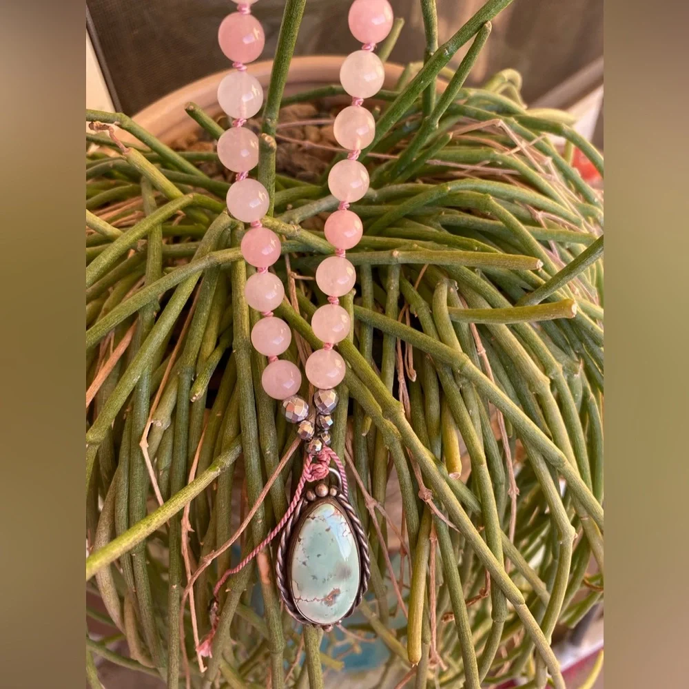 Rose Quartz, Pyrite and Turquoise Mala Necklace - Picture 8 of 9